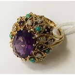 18 CARAT GOLD DIAMOND AMETHYST & TURQUOISE RING SIZE M - 12.1 GRAMS APPROX