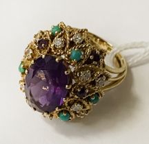 18 CARAT GOLD DIAMOND AMETHYST & TURQUOISE RING SIZE M - 12.1 GRAMS APPROX