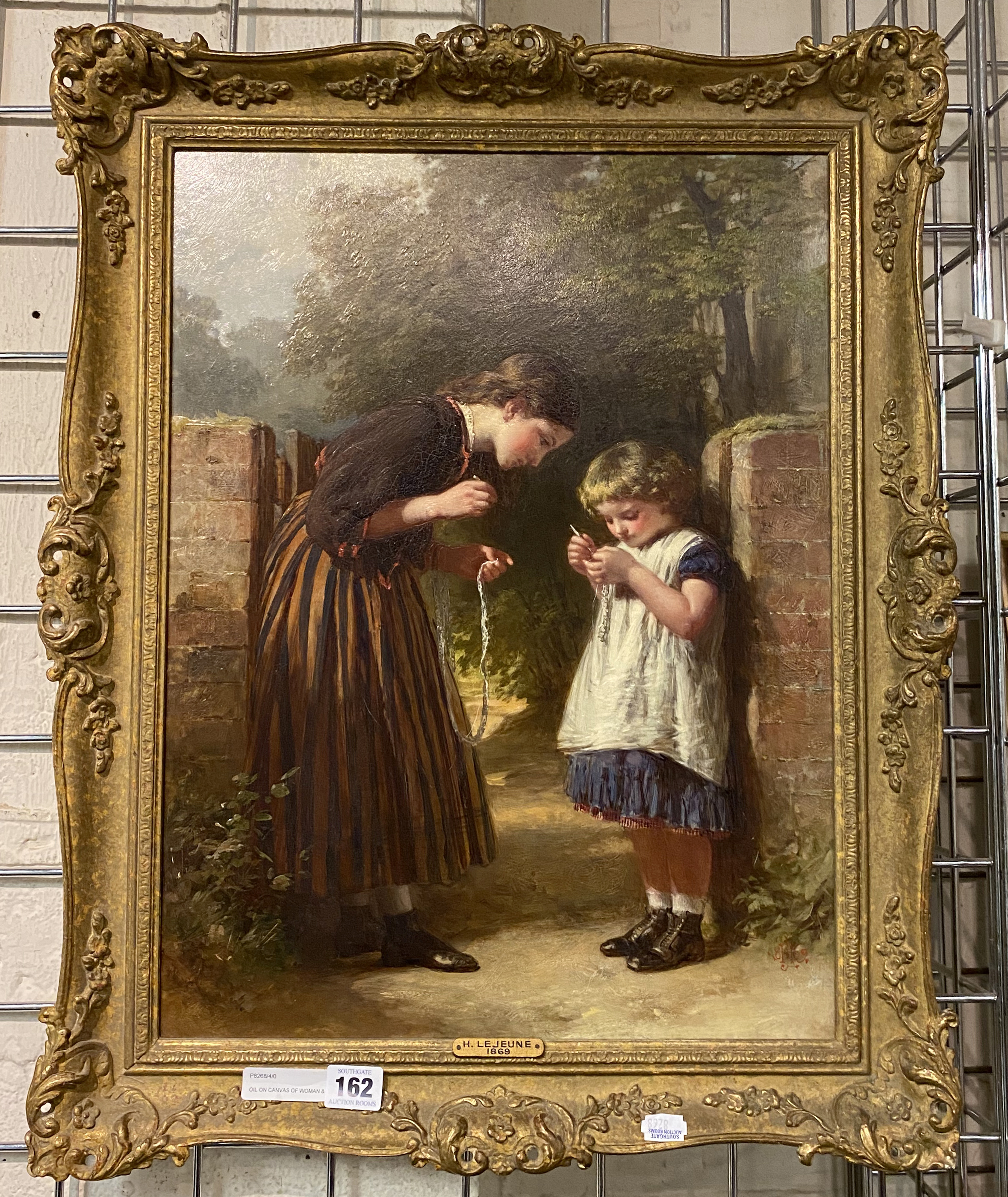 OIL ON CANVAS OF WOMAN & GIRL SEWING BY H.LE JEUNE 1869 50CM X 38CM