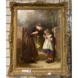 OIL ON CANVAS OF WOMAN & GIRL SEWING BY H.LE JEUNE 1869 50CM X 38CM