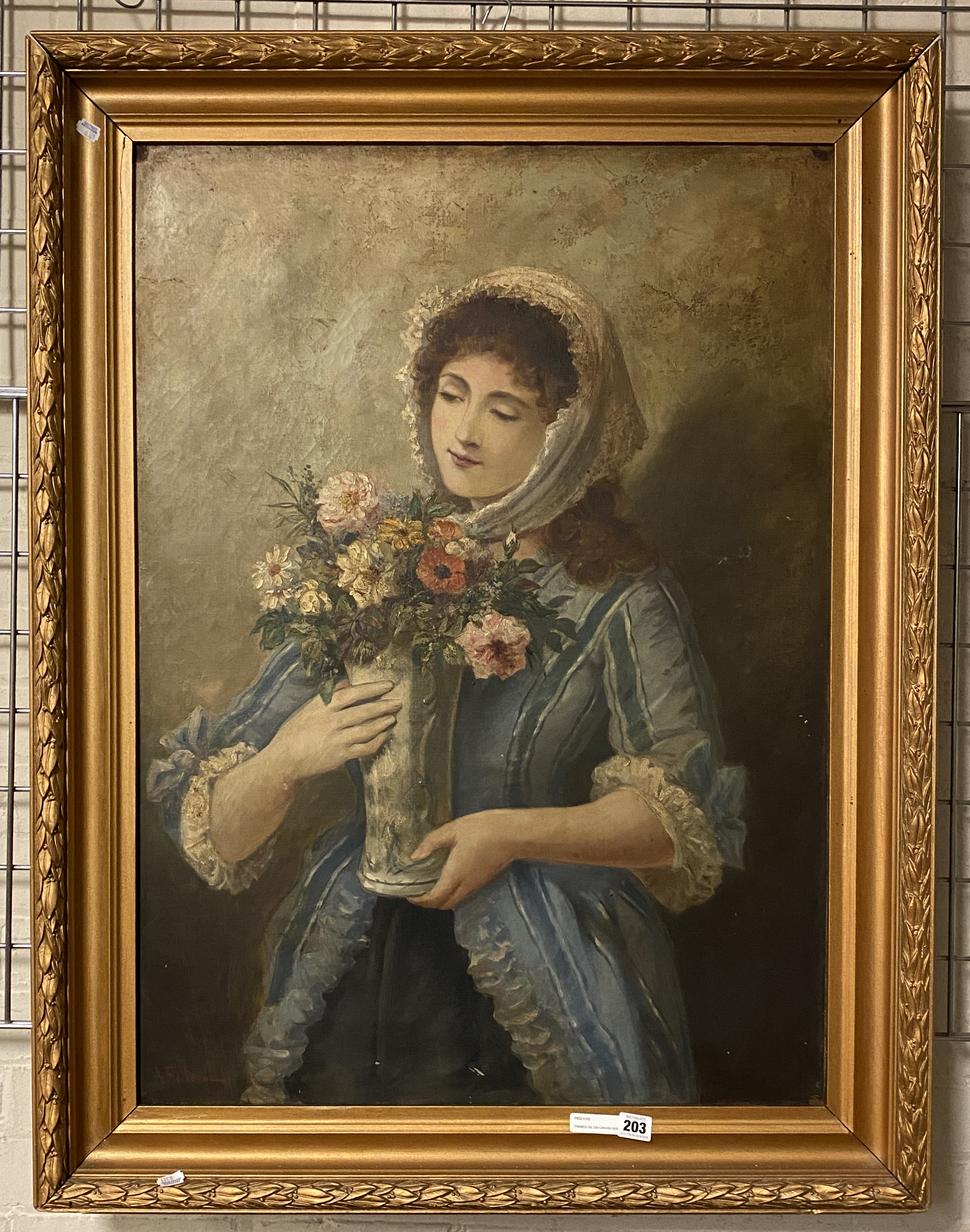 FRAMED OIL ON CANVAS SIGNED A FALERO OF LADT WITH FLOWERS 90CMS (H) X 65CMS (W) INNER FRAME APPROX