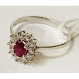 18CT WHITE GOLD, DIAMOND & RUBY RING - SIZE N