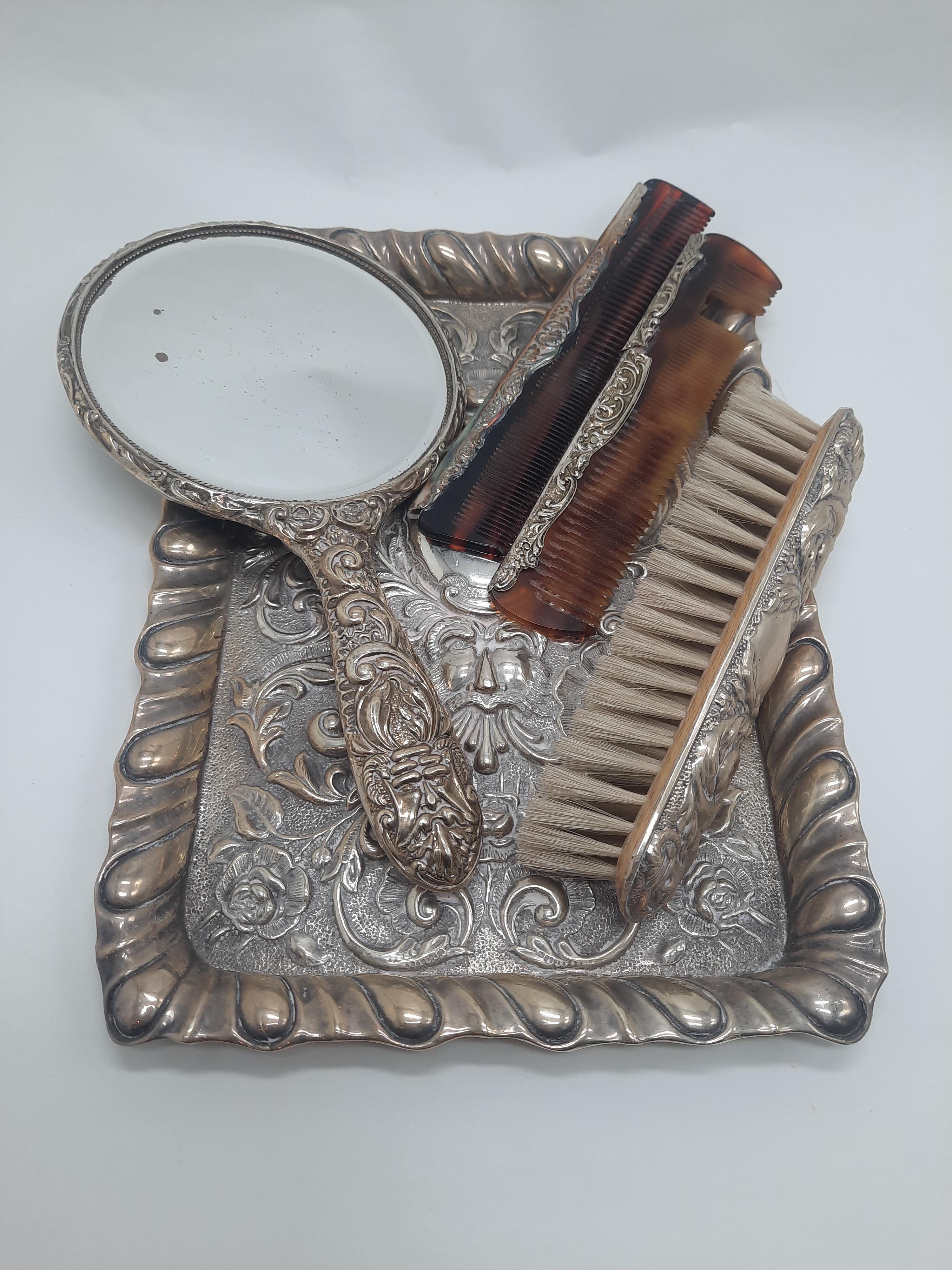 SILVER TRAY & DRESSING TABLE SET - TRAY WEIGHS 11 IMP OZS APPROX