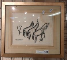 LAURA KNIGHT CHARCOAL DRAWING OF THREE HORSE A/F SOME FOXING 20CMS (H) X 26.5CMS (W) PIC ONLY