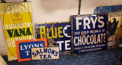 COLLECTION OF ORIGINAL DRINKS SIGN TO INCLUDE LYONS TEA, SALMONS TEA, VANA, EAGLE BRAND ALE & A FRYS