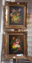 PAIR OF GILT FRAMED STILL LIFE FLORAL OILS ON BOARD - 24 X 19 CMS APPROX PICTURE ONLY