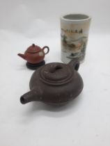 PAINT BRUSH POT WITH 2 MINI TEAPOTS - SMALL HAIRLINE TO BRUSH POT A/F