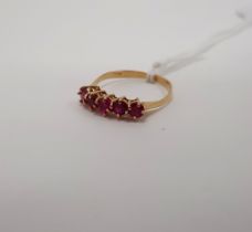 18CT GOLD RUBY FIVE STONE RING - SIZE P