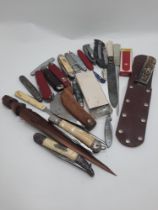 COLLECTION OF POCKET KNIVES, HUNTING KNIVES, PRUNING KNIVES ETC