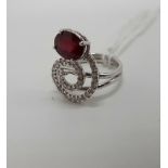 18CT WHITE GOLD TESTED DIAMOND & RUBY RING - SIZE K/L