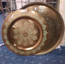 COPPER TRAY WITH VERDIGRIS EFFECT WITH A LARGER BRASS DECORATIVE TRAY