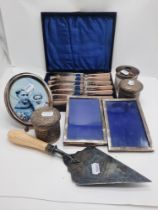 COLLECTION OF SILVER PLATED ITEMS & TWO HM SILVER PHOTO FRAMES & HM SILVER LIDDED POT