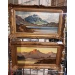 PAIR OF GILT FRAMED OILS ON CANVAS: COASTAL/MOUNTAINS SCENES (SIGNED) 18.5CMS (H) X 38.5CMS (W)