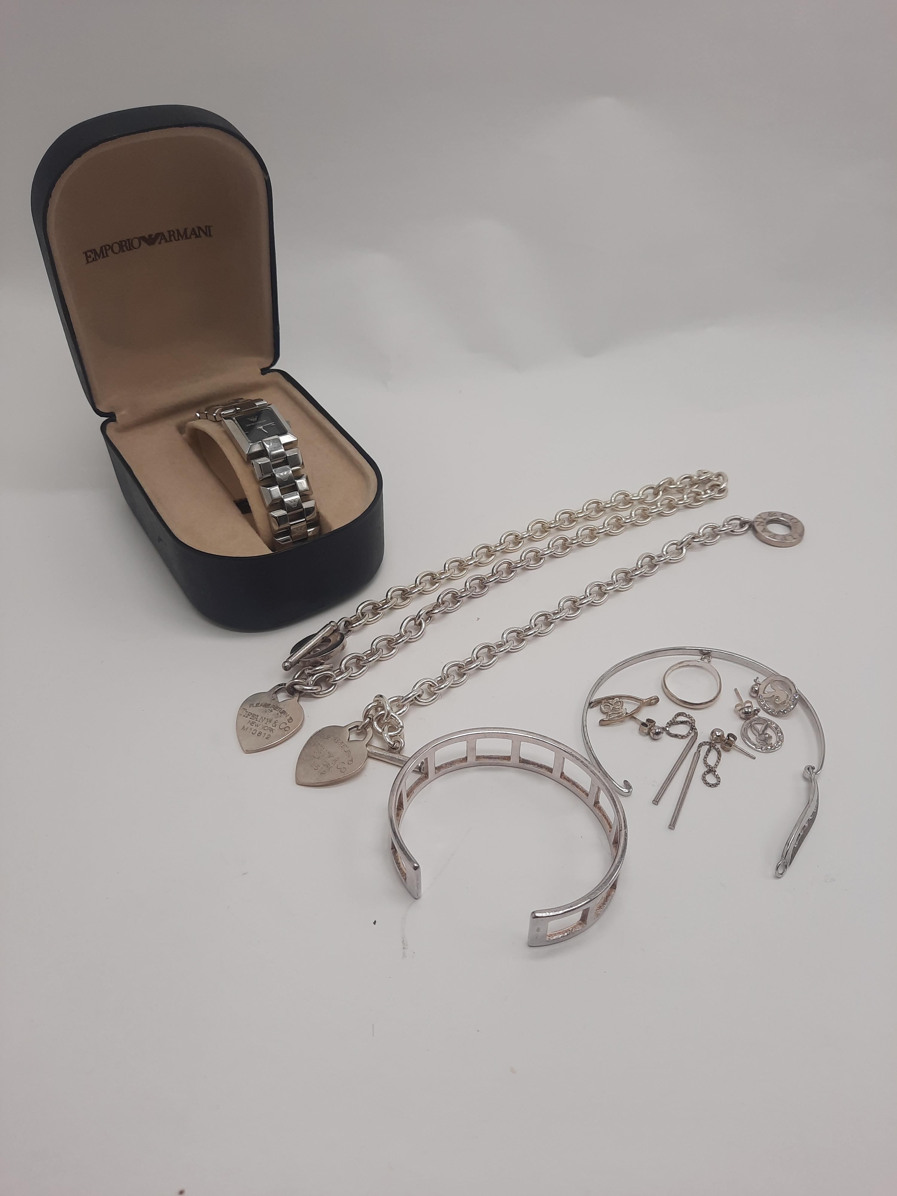 EMPORIO ARMANI LADIES COCKTAIL WATCH WITH A SILVER BANGLE & ADDITIONAL SILVER JEWELLERY