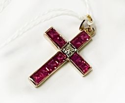 18CT HOLD HALLMARKED CROSS WITH RUBY & DIAMONDS