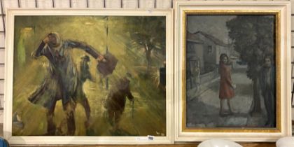 TWO 1960'S OILS ON BOARD OF STREET SCENES - LARGEST 67 X 52 CMS