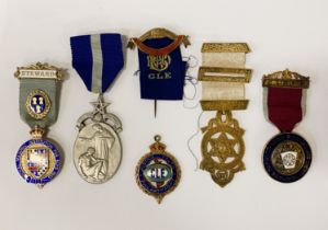 FIVE HM SILVER MASONIC MEDALS WITH CASE