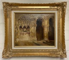 OIL ON BOARD TOMB IN ST BARTHOLOMEW BY CATHERING M.WOOD - 30CM X 24CM