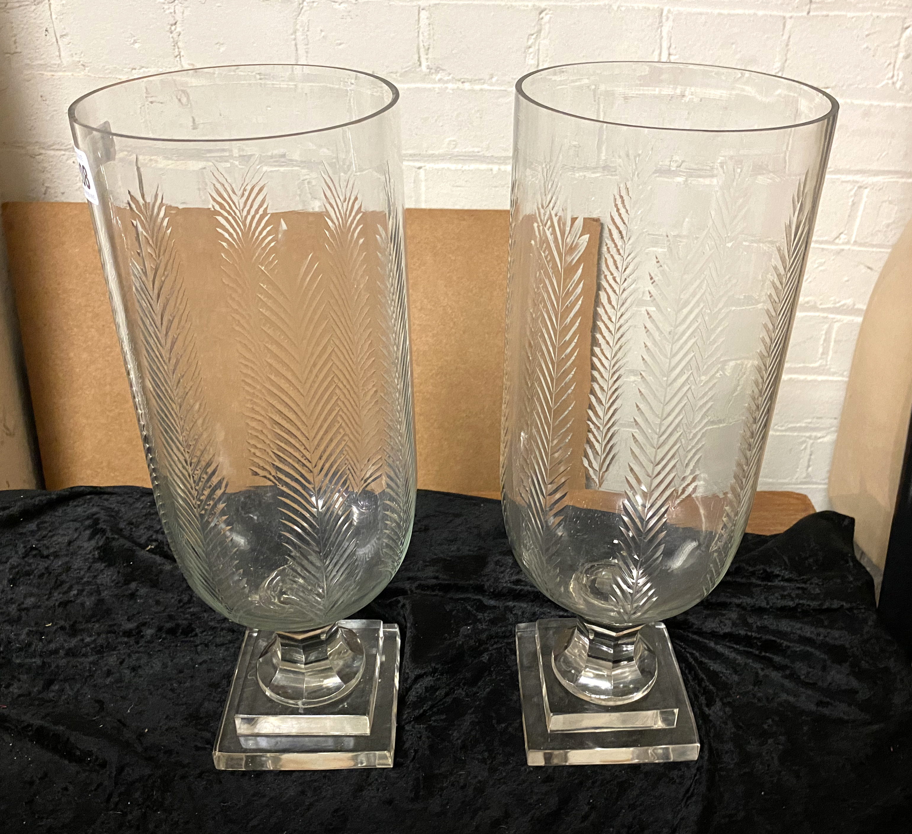 PAIR OF CUT GLASS HURRICANE LAMPS - 40 CMS (H)