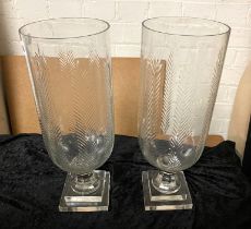 PAIR OF CUT GLASS HURRICANE LAMPS - 40 CMS (H)