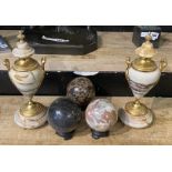 PAIR OF MARBLE URNS & 3 MARBLE PAPERWEIGHTS - HEIGHT OF URNS 30 CMS