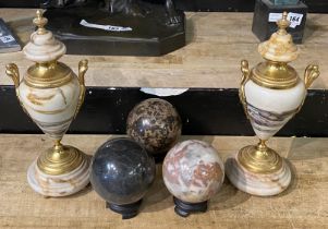 PAIR OF MARBLE URNS & 3 MARBLE PAPERWEIGHTS - HEIGHT OF URNS 30 CMS