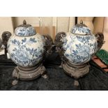 PAIR OF BLUE & WHITE CHINESE BRONZE LIDDED POTS - 42 CMS (H)