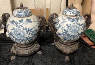 PAIR OF BLUE & WHITE CHINESE BRONZE LIDDED POTS - 42 CMS (H)