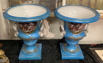 PAIR OF LARGE BLUE PORCELAIN URNS - 50 CMS (H)