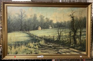 OIL ON CANVAS - OLD FARM TRACK IN WINTER - SIGNED MERVYN GOODE 63CMS X 104CMS