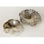 TWO HM SILVER PIERCED RAISED DISHES - APPROX 9 IMP OZ - 18 CMS & 12 CMS (D)