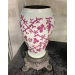 PAINTED VASE ON DECO BRONZE BASE - 28 CMS (H)