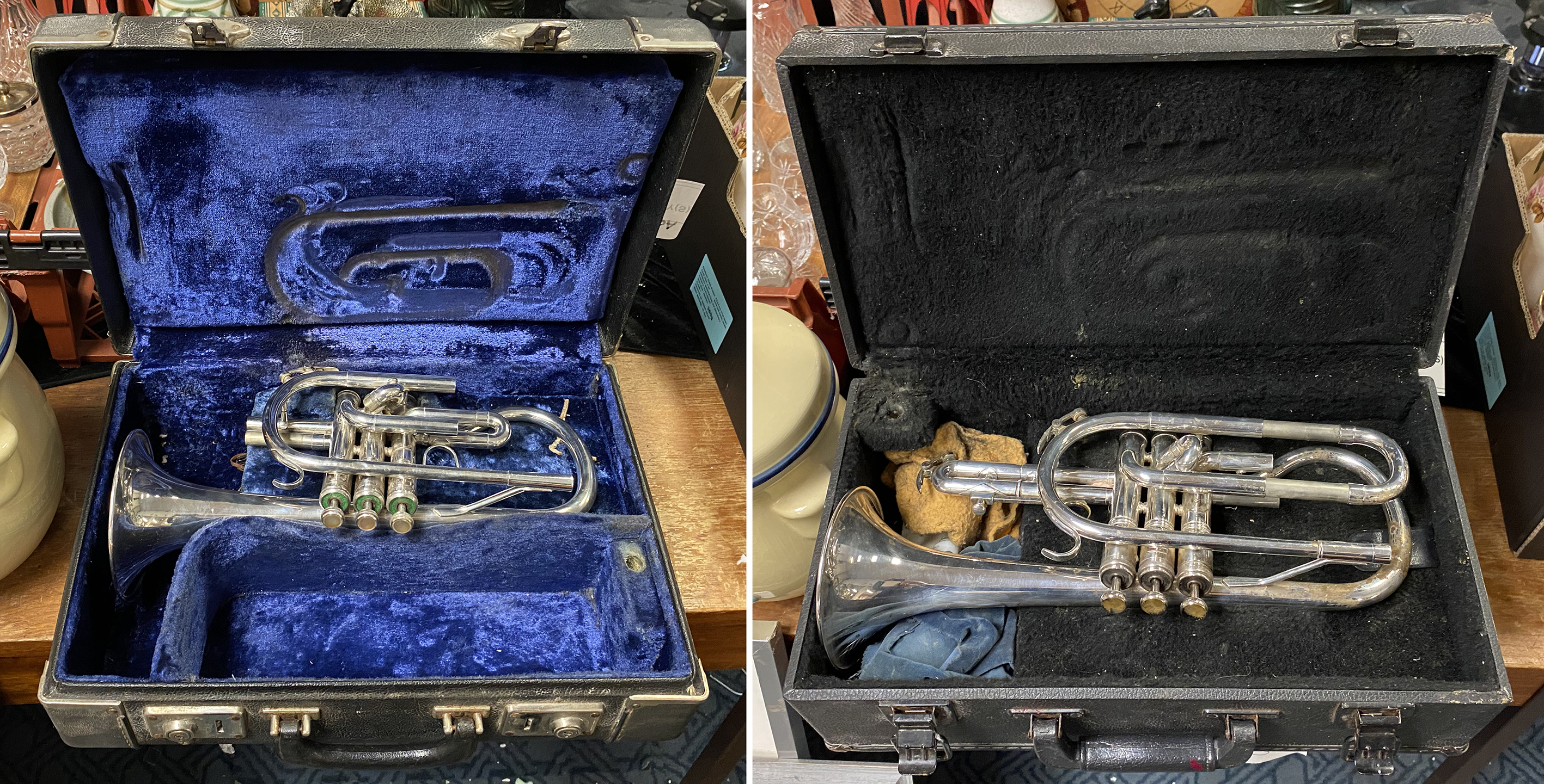 2 AMERICAN CASED CORNETS IN ORIGINAL CASES..PLEASE ASK FOR MOUTH PIECES & SMALL PARTS