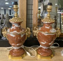 BRONZE & MARBLE PAIR OF RAMS HEAD LAMPS - AS FOUND - REPAIR TO UNDER RIM ON ONE OF THEM - 60 CMS (