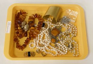 COSTUME JEWELLERY WITH AMBER NECKLACE & PEARL NECKLACE