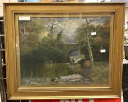 OIL PAINTING OF RIVER WITH STONE BRIDGE SIGNED F.WILLIAMS