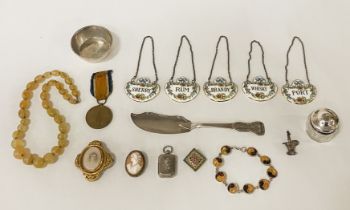 COLLECTION OF INTERESTING ITEMS INCL. SILVER MEDAL, BEADED NECKLACE
