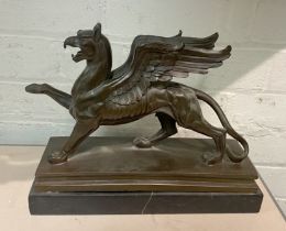 BRONZE GRIFFIN FIGURE ON MARBLE BASE - 30 CMS (L)