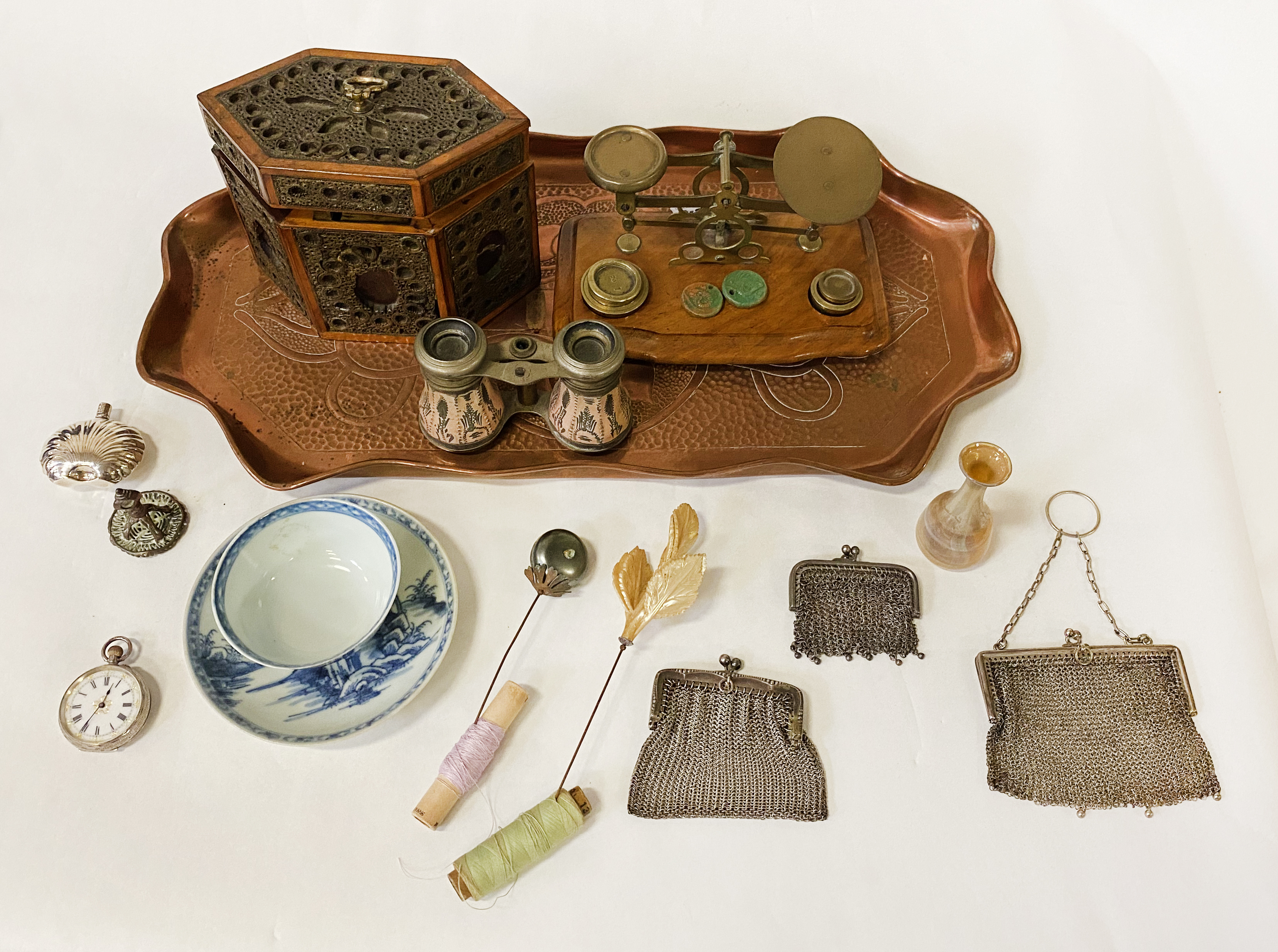 ARTS & CRAFT COPPER TRAY WITH INTERESTING ITEMS