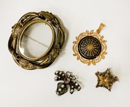 3 BROOCHES & TOLEDO PENDANT - 1 GOLD 1 SILVER