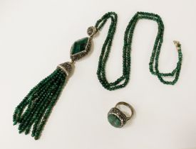 MALACHITE PENDANT, RING & SILVER BEADED NECKLACE