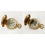 SKELETON MOVEMENT 14CT GOLD POCKET WATCH WITH CALENDAR FRENCH MAKER FULL HUNTER - RARE WINDING AT