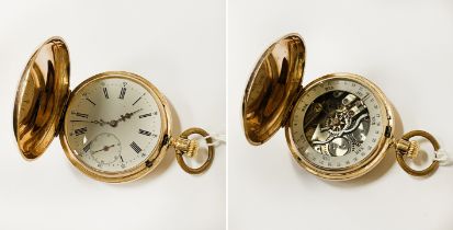 SKELETON MOVEMENT 14CT GOLD POCKET WATCH WITH CALENDAR FRENCH MAKER FULL HUNTER - RARE WINDING AT