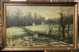 OIL ON CANVAS - OLD FARM TRACK IN WINTER - SIGNED MERVYN GOODE 63CMS X 104CMS