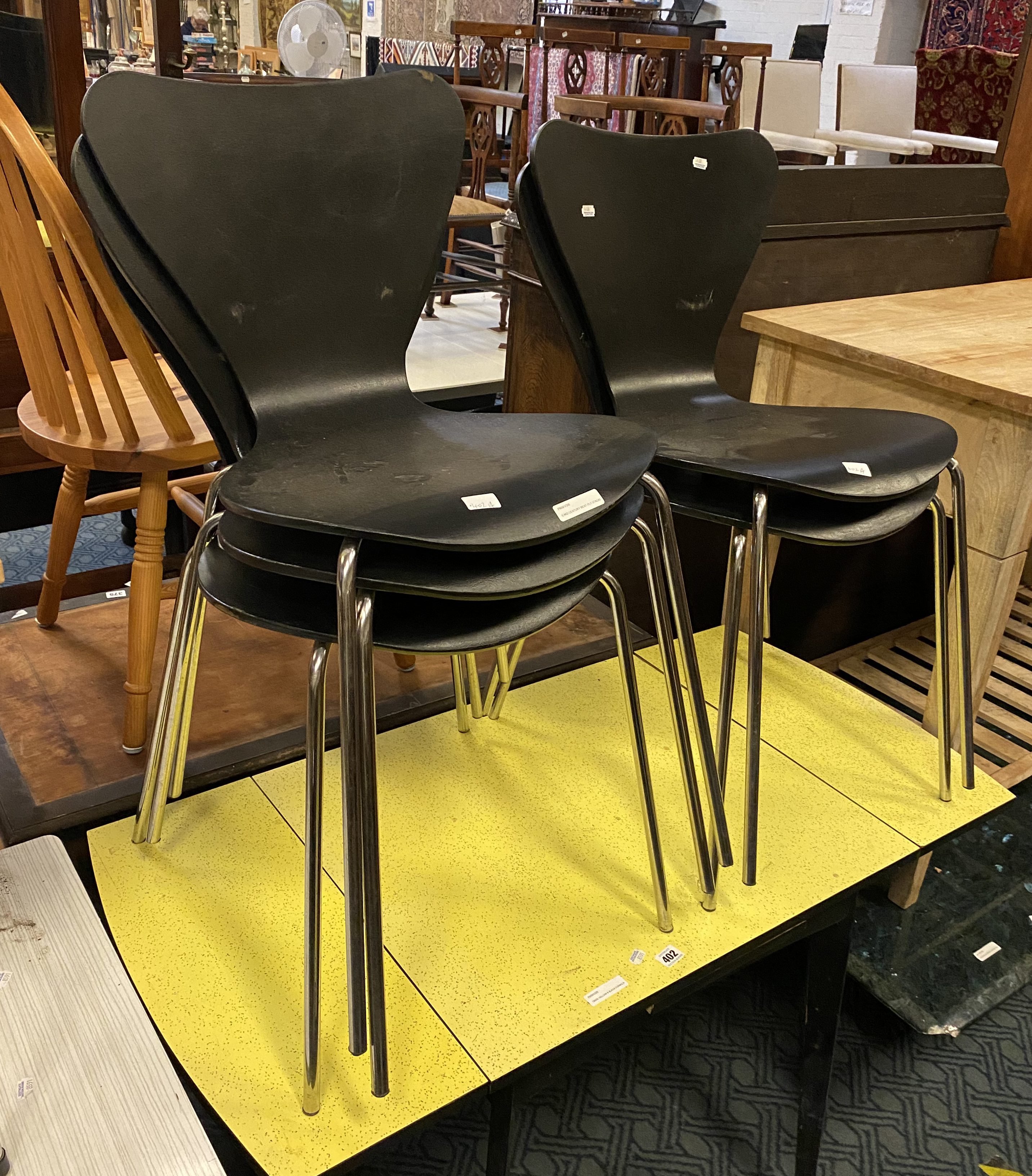 5 MID CENTURY BENT PLY STACKING CHAIRS