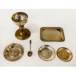 SILVER & BRASS CHALICE WITH 3 SILVER DISHES, A SPOON & SILVER TRAY