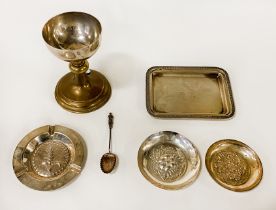 SILVER & BRASS CHALICE WITH 3 SILVER DISHES, A SPOON & SILVER TRAY