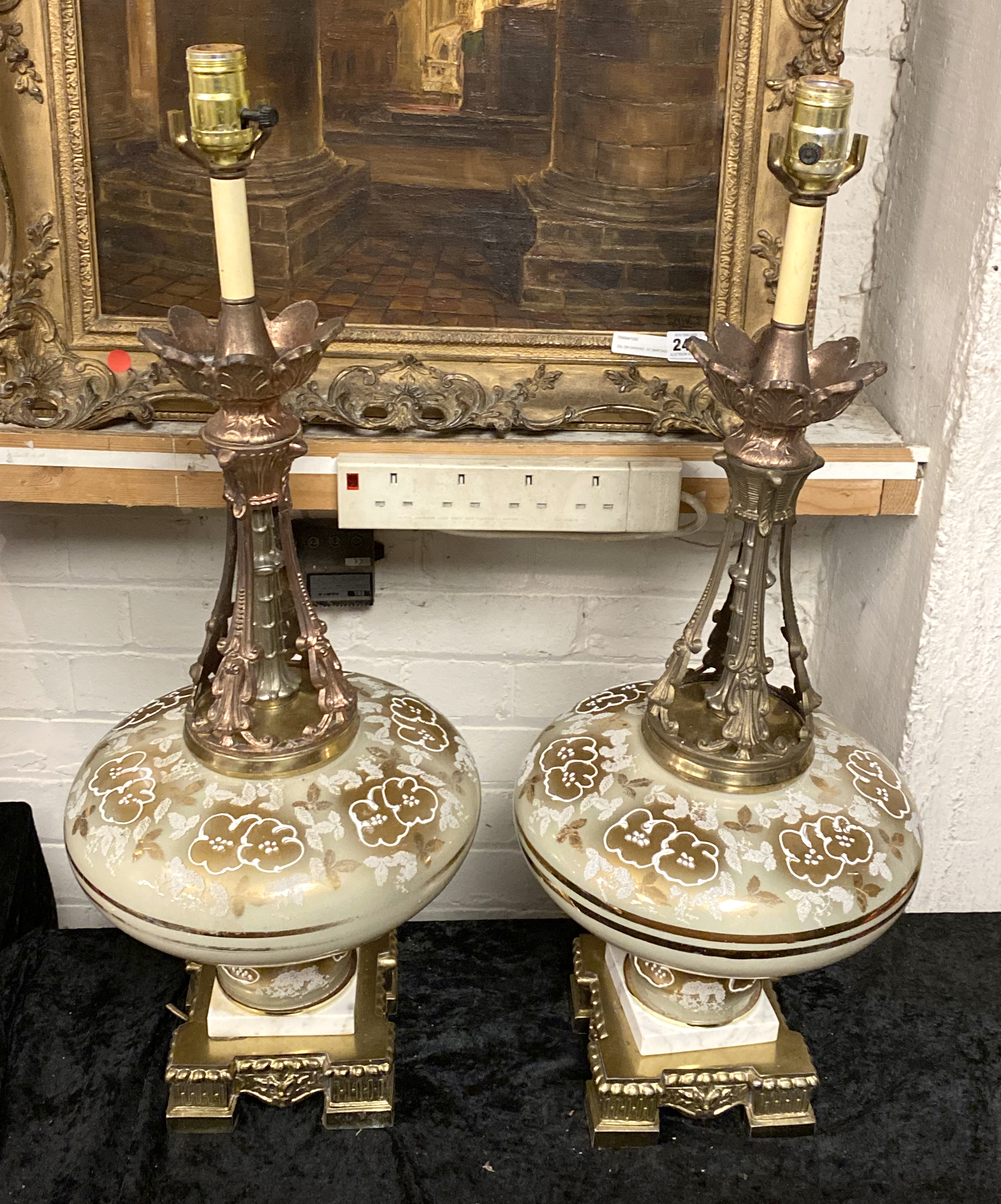 PAIR OF GILT GLASS & BRASS LAMPS WITH MARBLE BASE 72CMS (H) APPROX