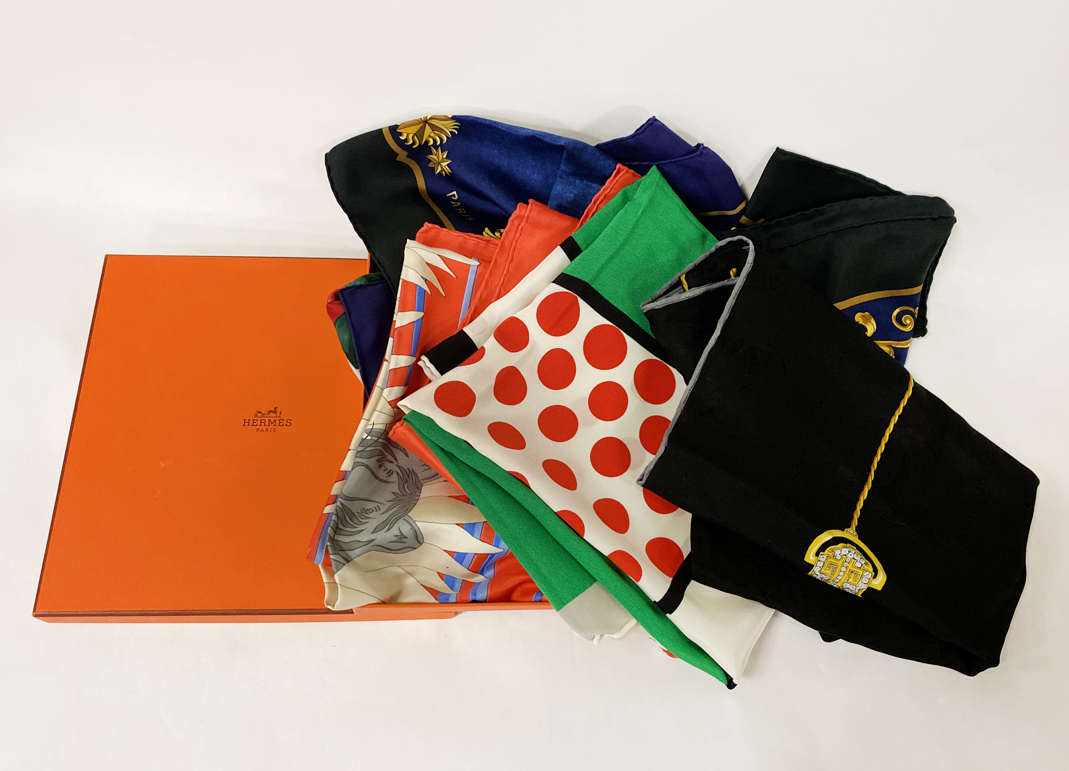 FOUR HERMES SCARVES , 1 MUST DE CARTIER & 1 RODIER SCARF - 6 IN TOTAL