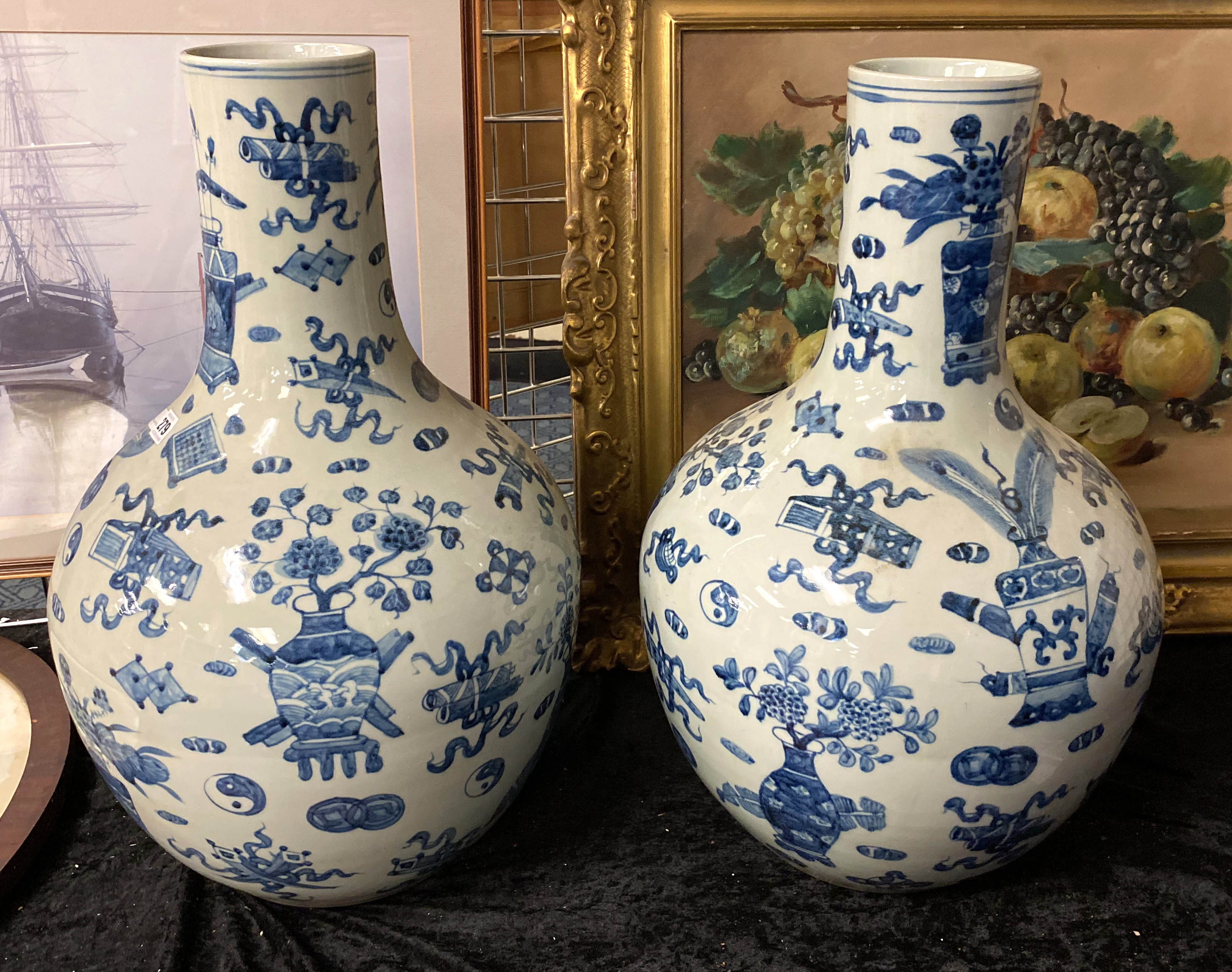 PAIR OF LARGE BLUE & WHITE BOTTLE NECK VASES - 60CMS (H) APPROX